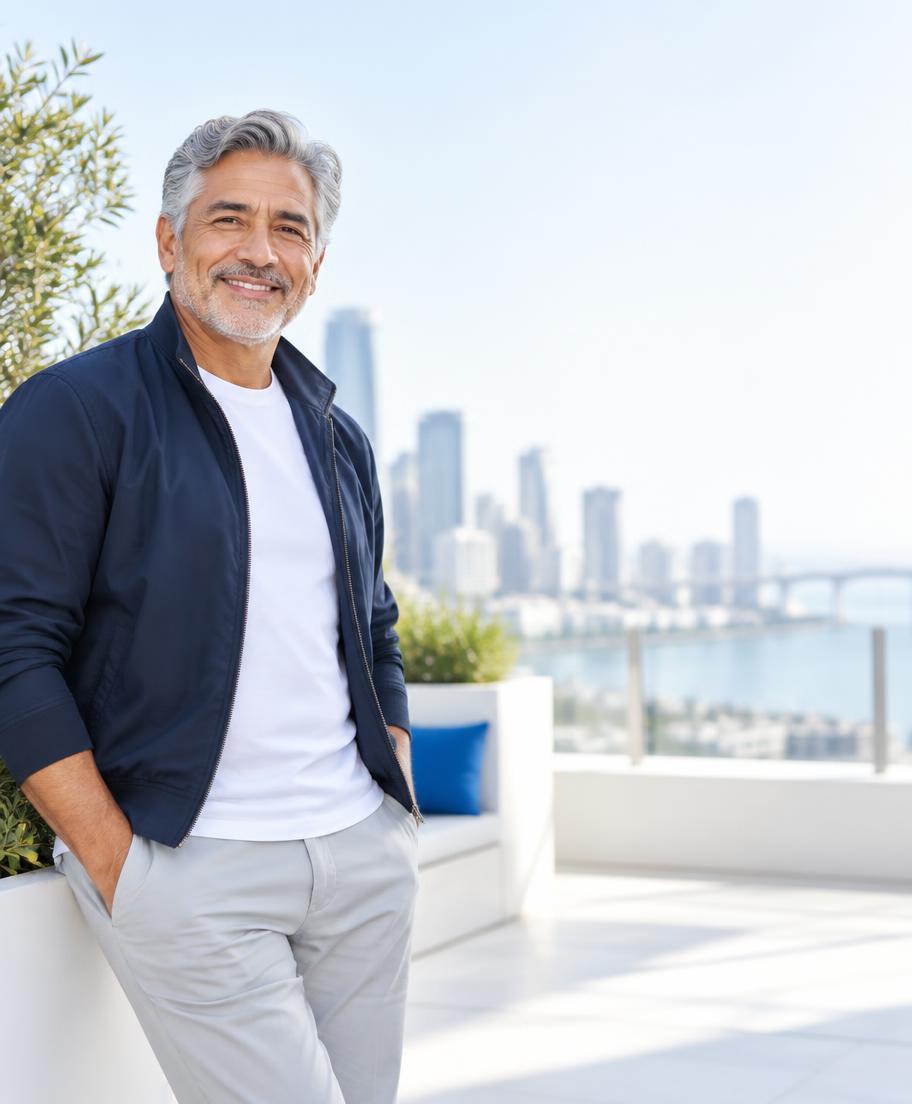A mature man on a bright terrace